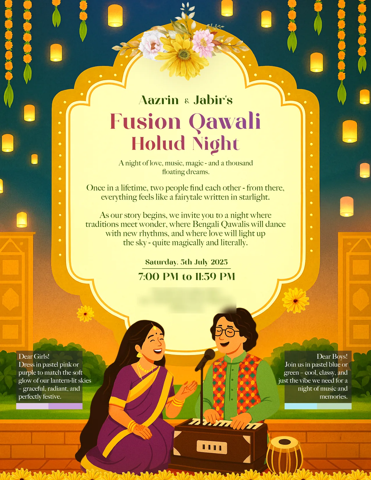 The Holud invitation: Aazrin and Jabir singing at a harmonium under a lantern-lit arch, with marigolds