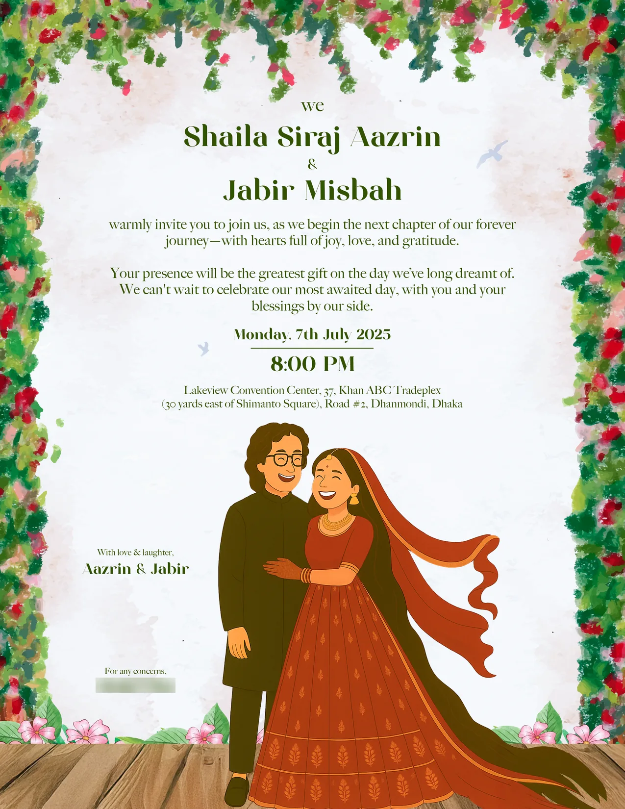 The Wedding invitation: Aazrin in a red lehenga and Jabir in a black sherwani inside a watercolour vine and rose frame