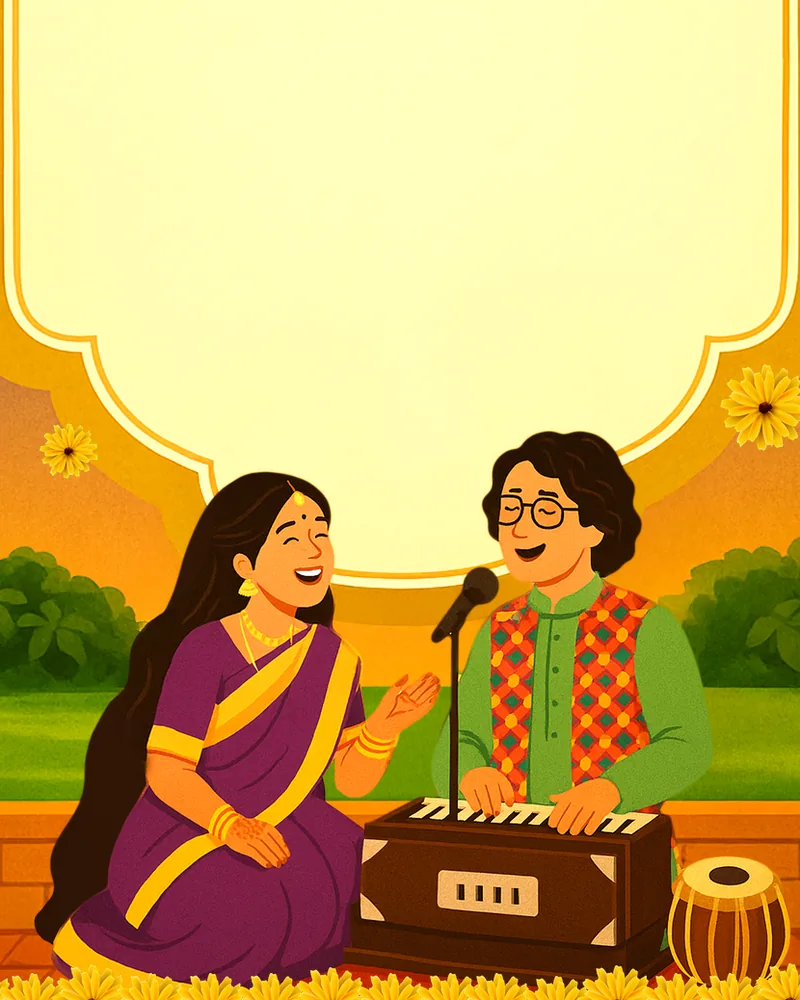 Illustrated Aazrin in a purple saree and Jabir in a green kurta with a patterned vest, singing