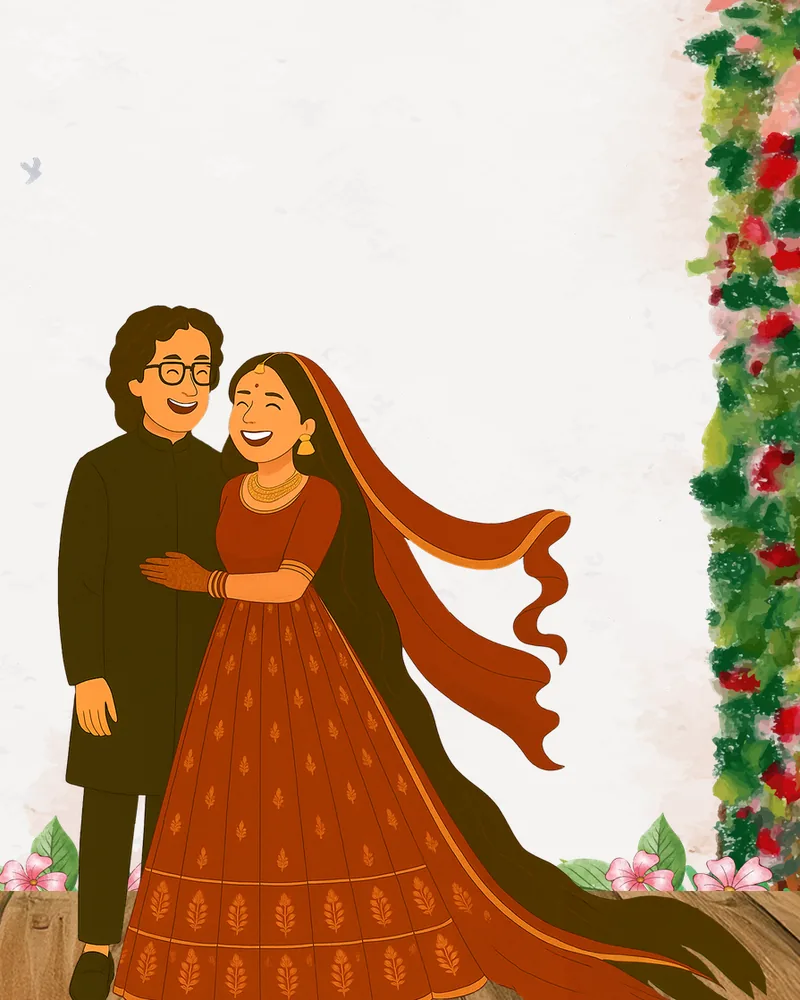 Illustrated Aazrin in a red lehenga and Jabir in a black sherwani