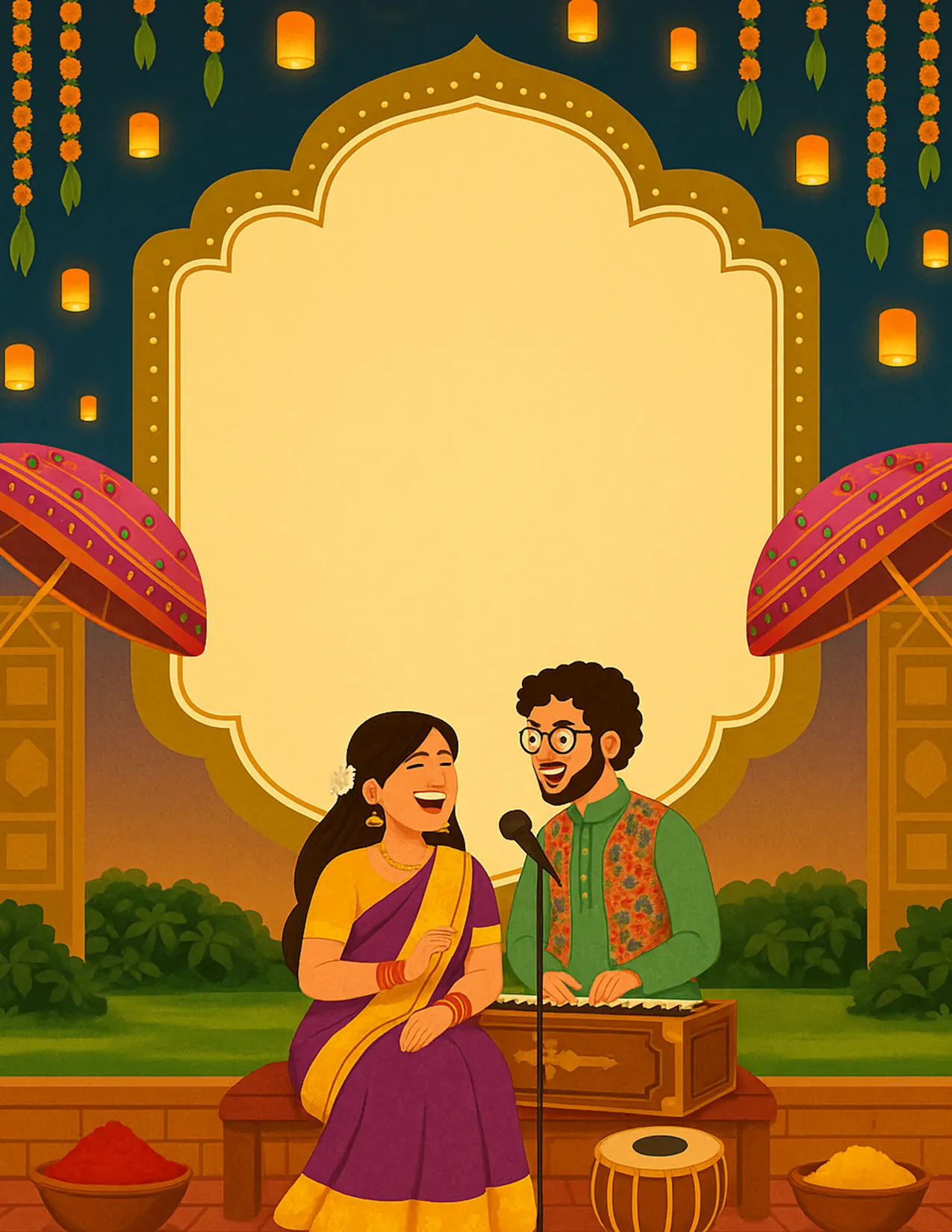 The raw ChatGPT generation: umbrellas, a small couple on a bench, and bowls of turmeric