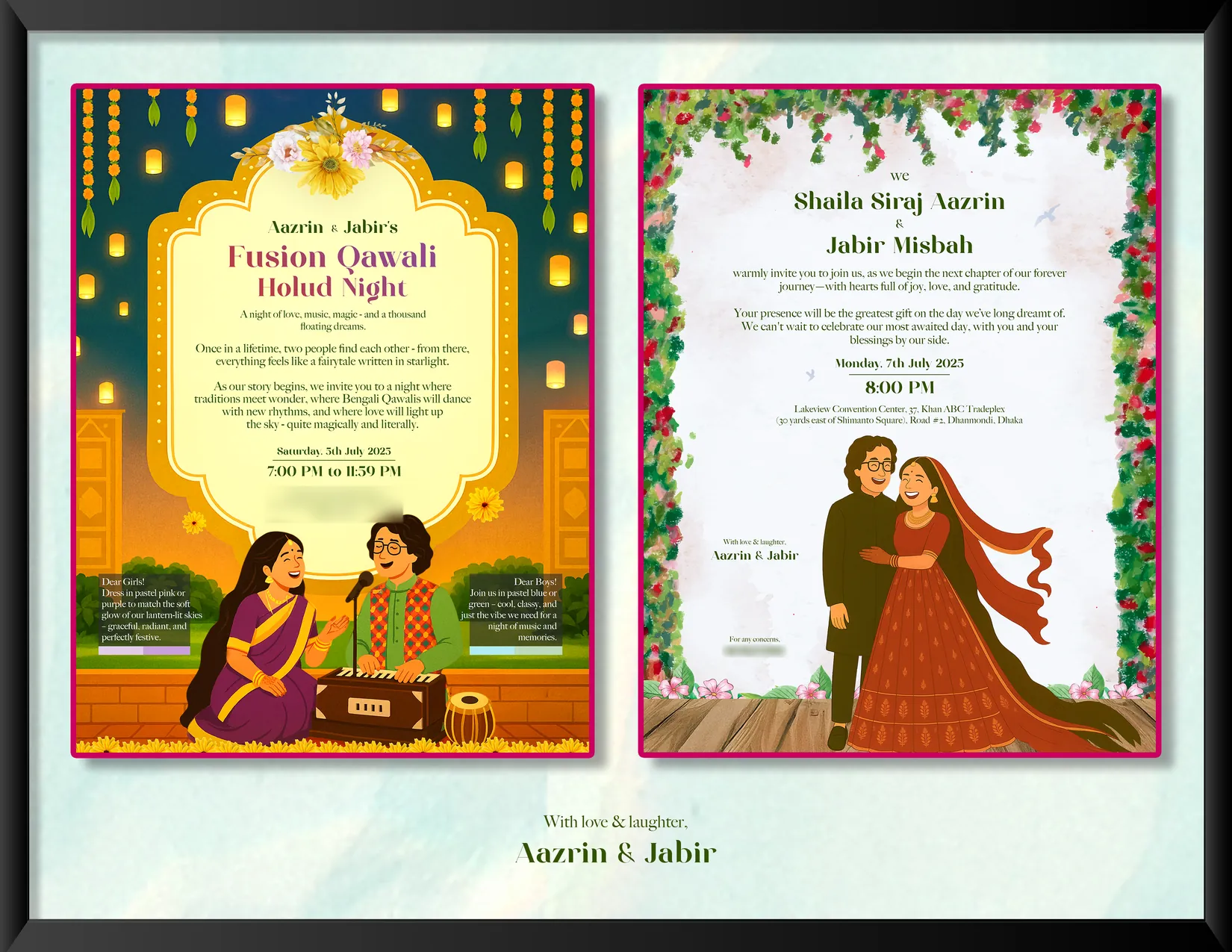The framed keepsake: both invitations side by side, signed With love & laughter, Aazrin & Jabir