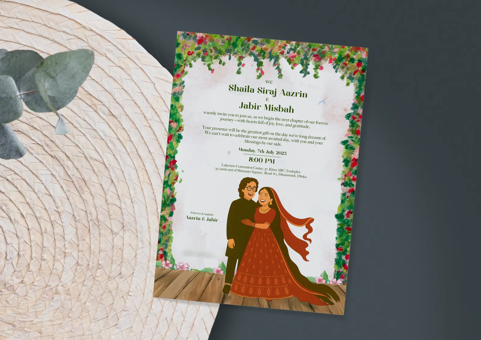 Wedding invitation printed, on a woven mat