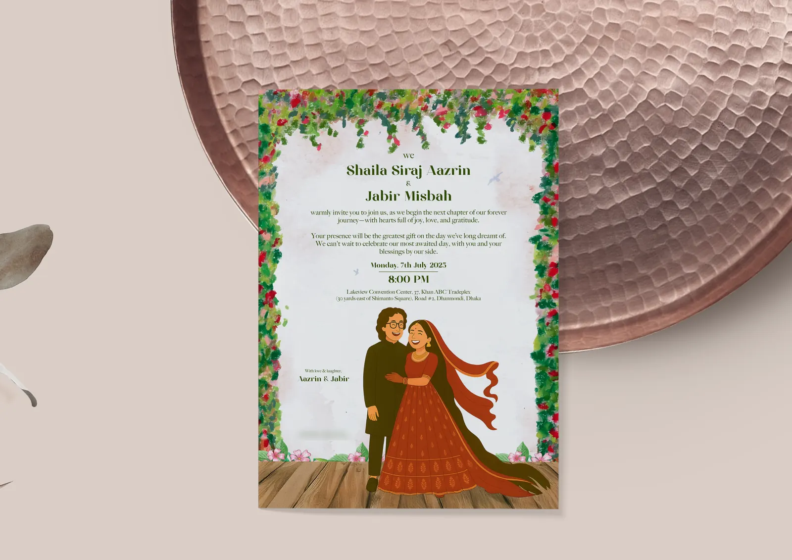 Wedding invitation on a copper tray