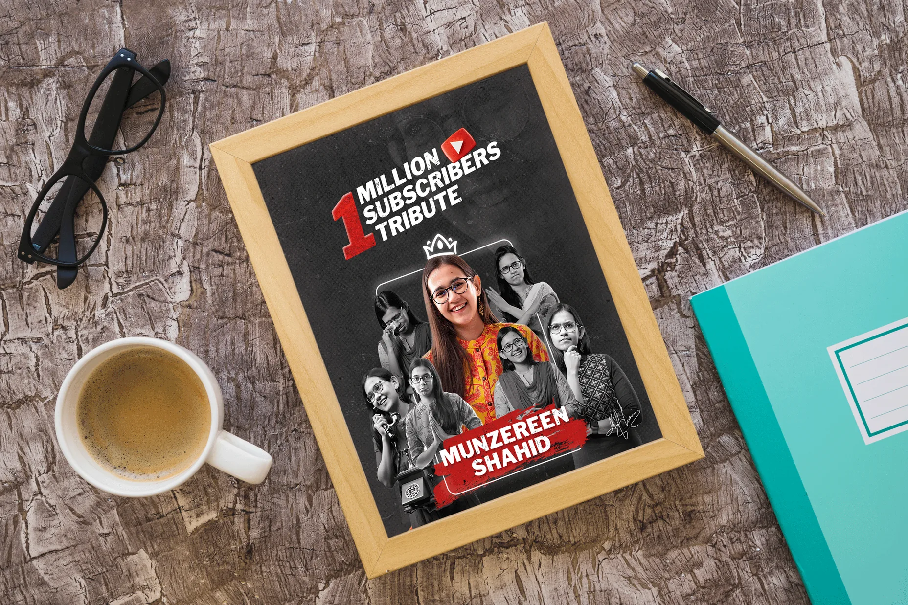 Framed poster mockup on a desk