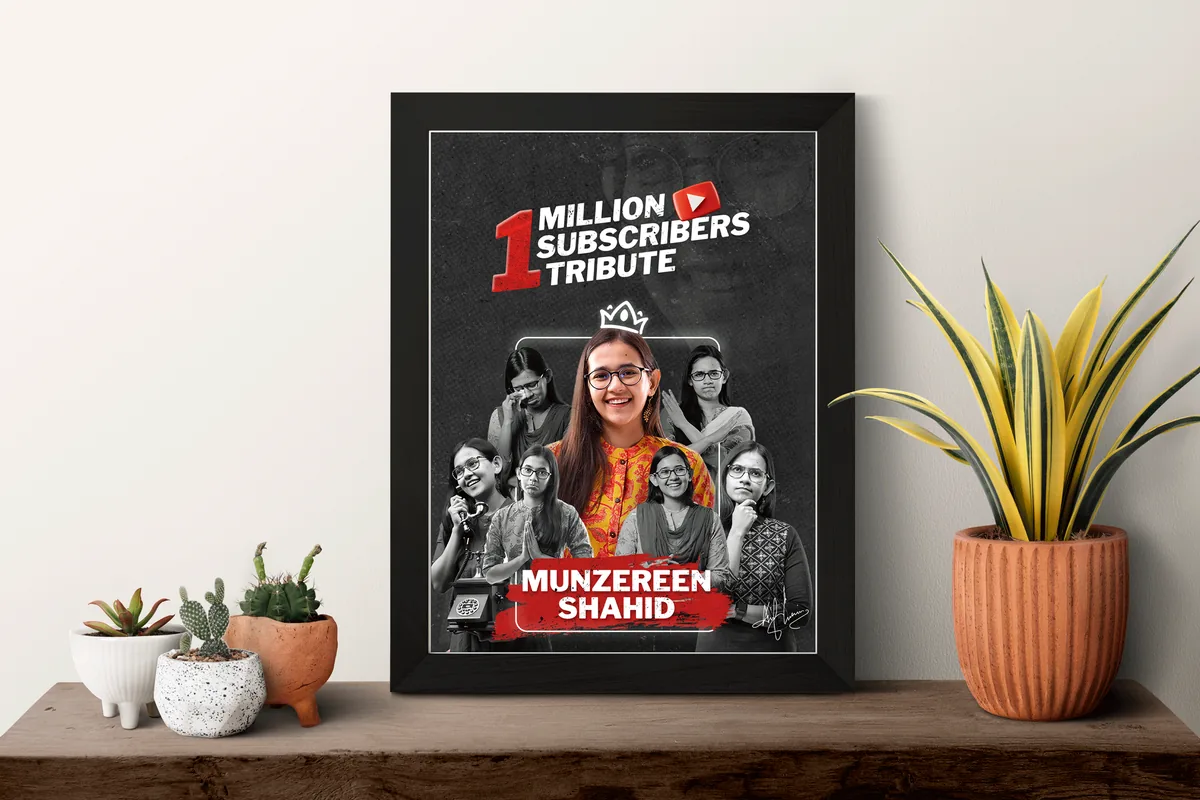 Framed poster mockup on a shelf