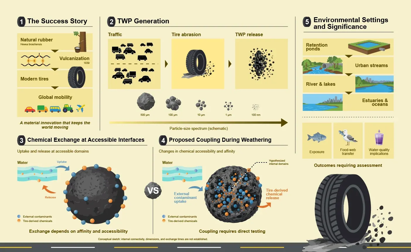 Macro-to-Micro Lifecycle infographic of Tire Wear Particles