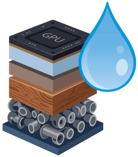 Illustration of a GPU cold plate stack with a water drop