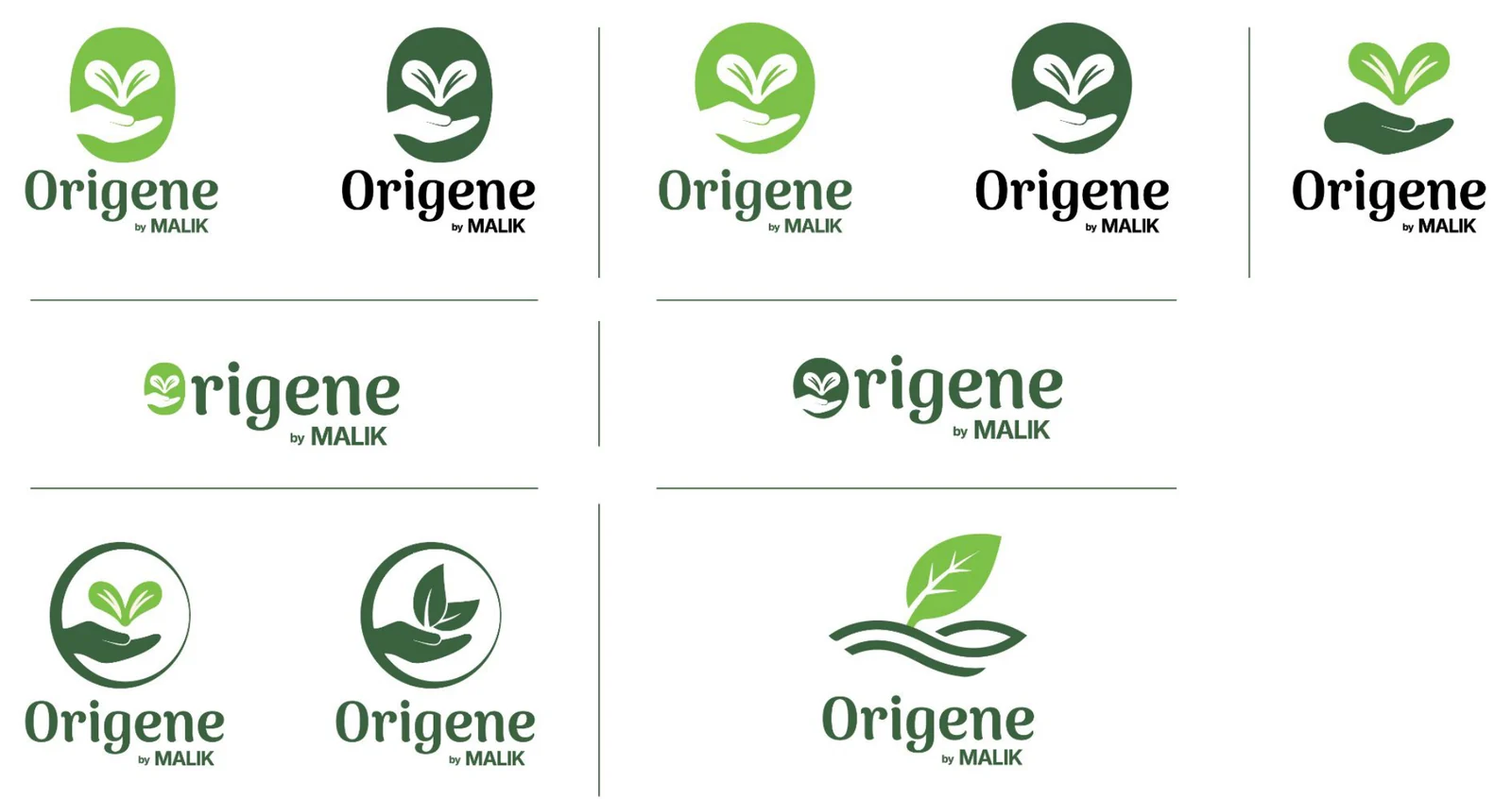 Nine Origene lockup variations with a hand holding a heart-shaped sprout