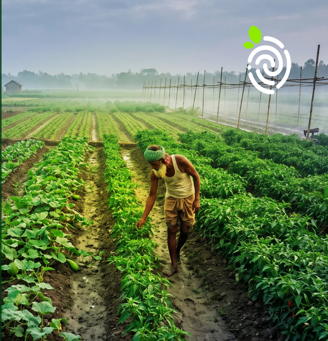 A farmer tending vegetable rows under the Origene mark