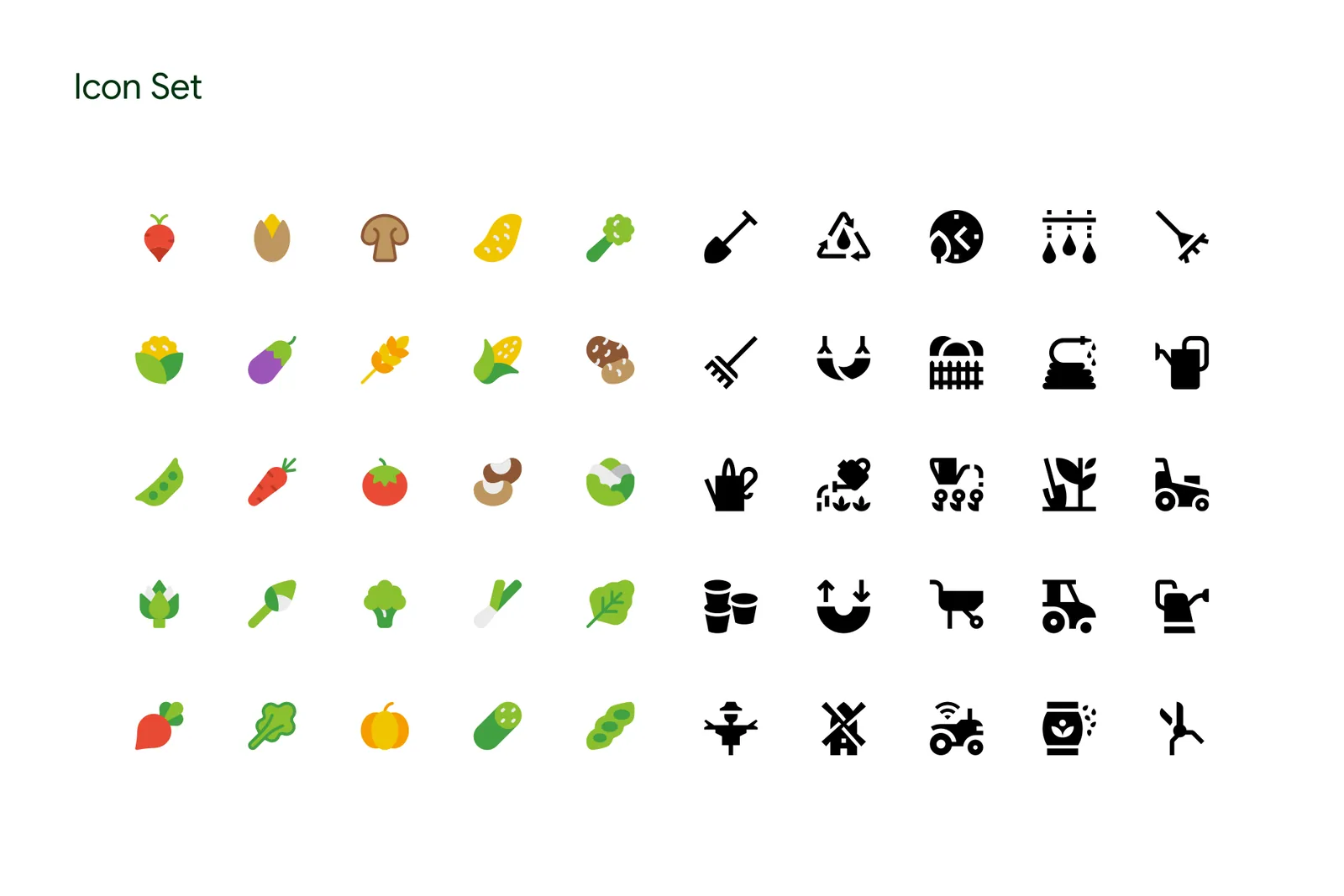 Origene icon set: produce icons in colour and farming tool icons in black