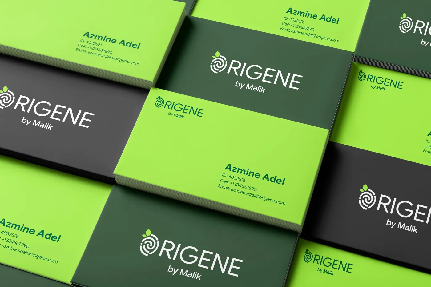 Origene business cards in Neem and Snap Pea