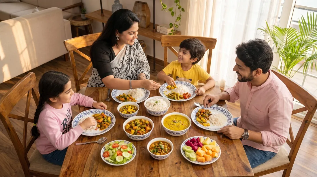A family sharing a meal of fresh vegetables