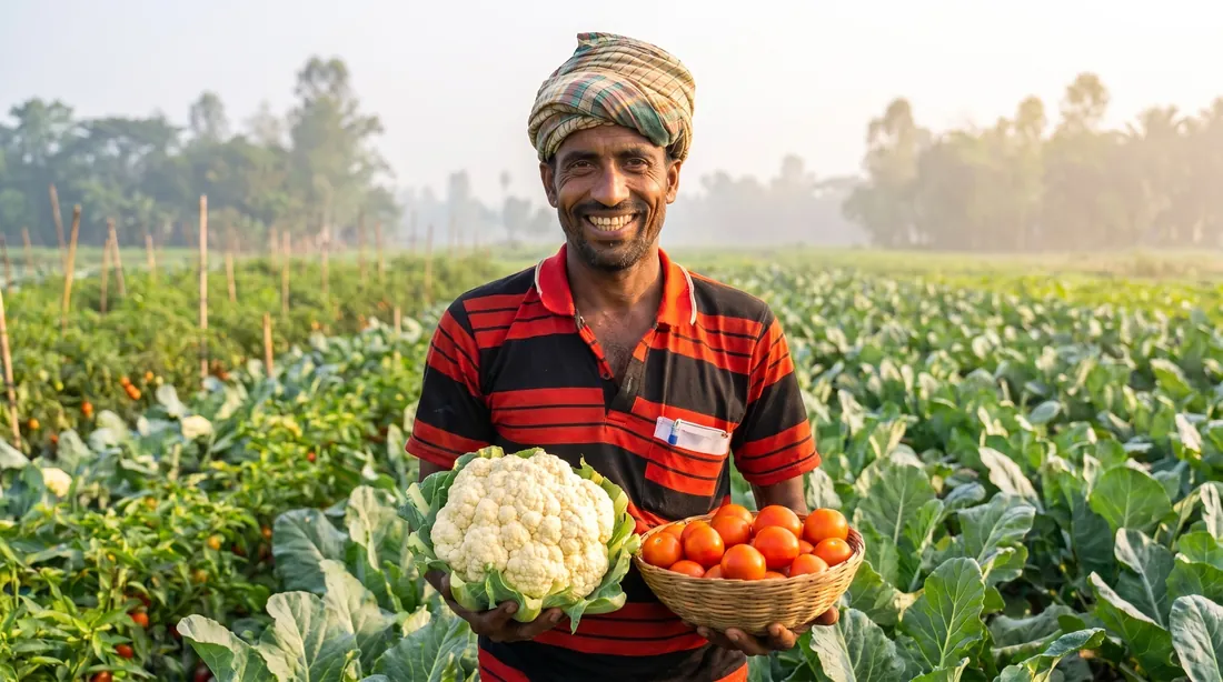 A farmer holding cauliflower and tomatoes at harvest