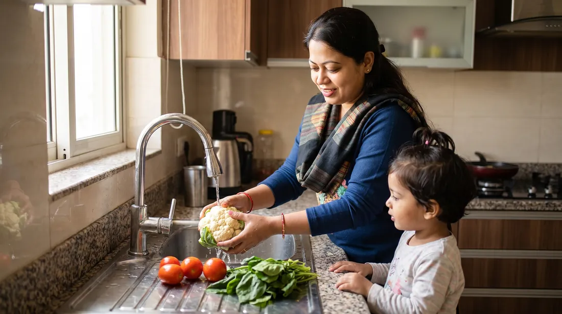 A mother and child washing vegetables in the kitchen
