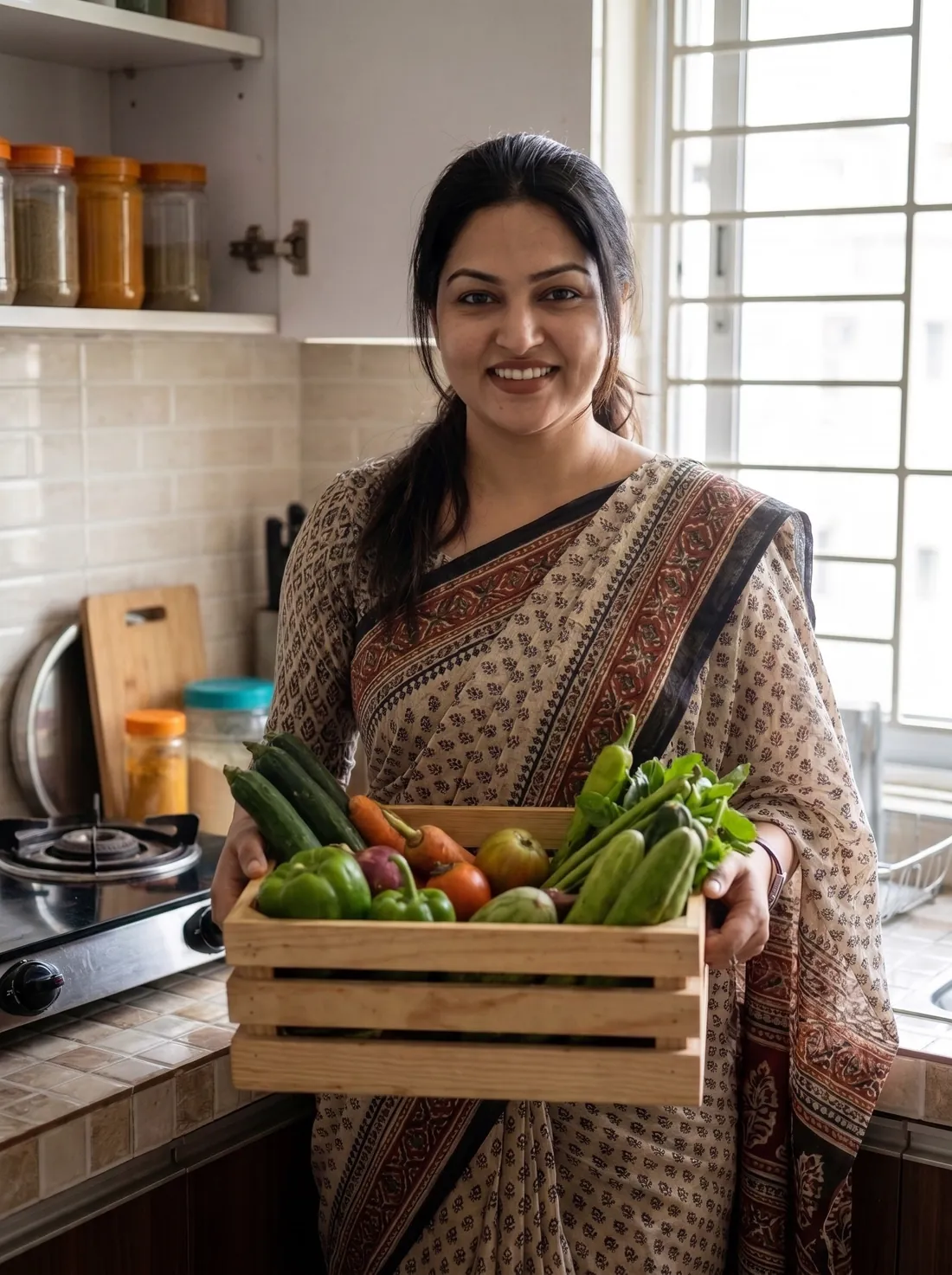 A mother at home with a crate of fresh vegetables