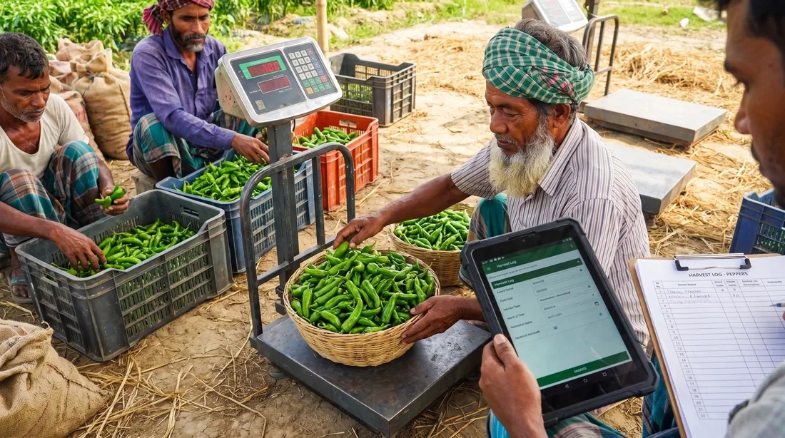 A farmer weighing beans while a tablet records the batch