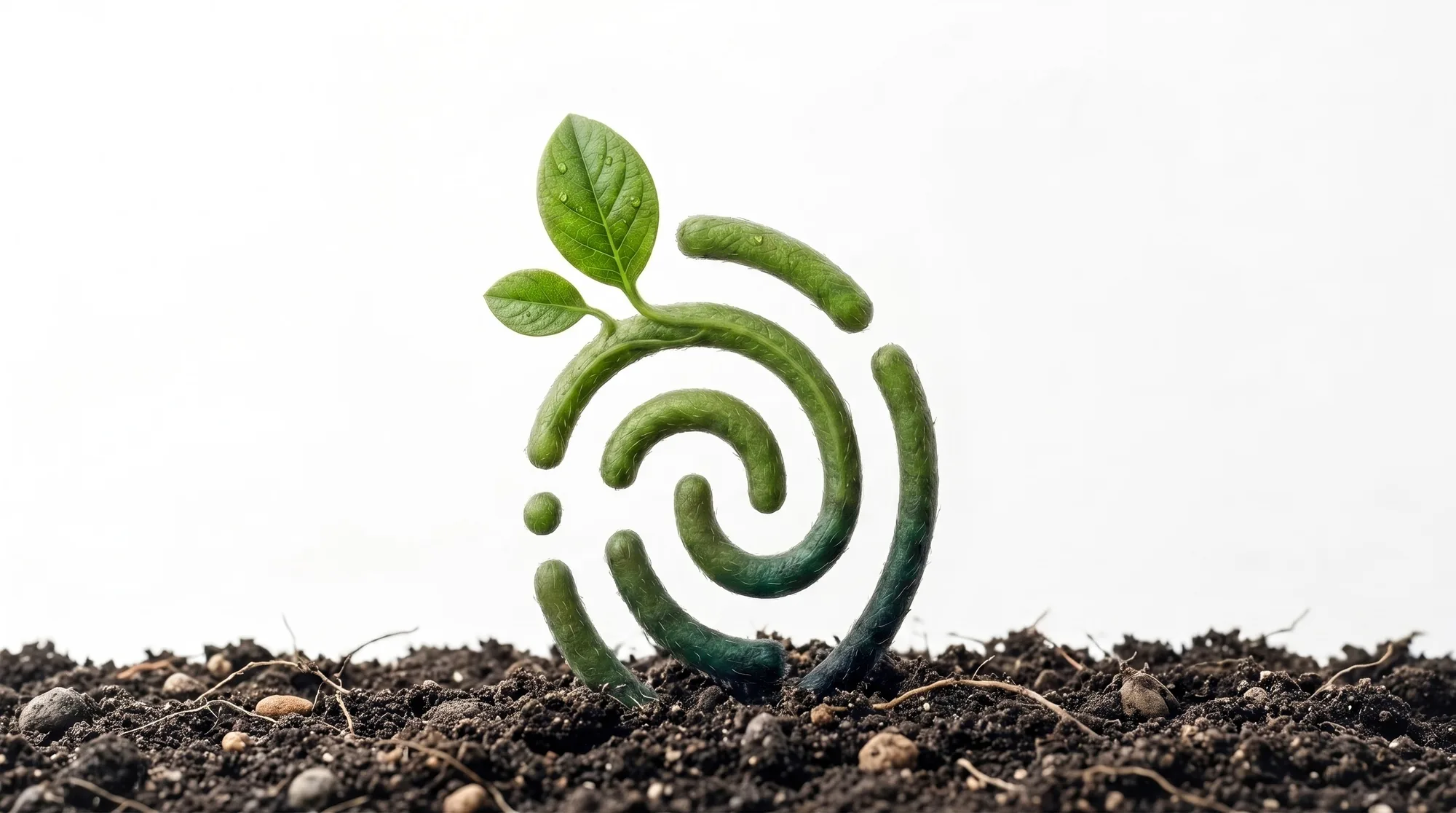 The Origene mark grown as a living plant, rising out of the soil