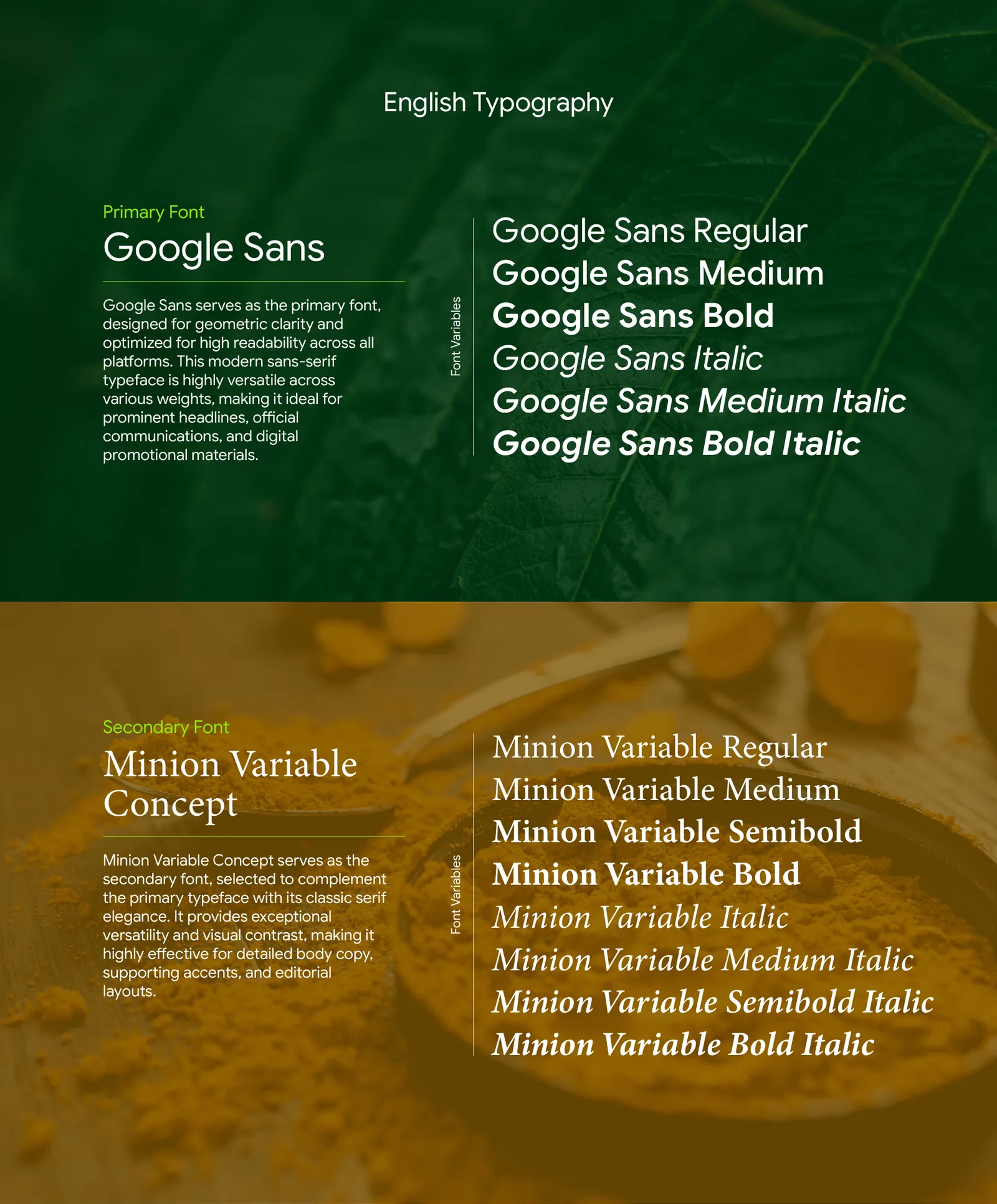 English typography: Google Sans primary, Minion Variable Concept secondary