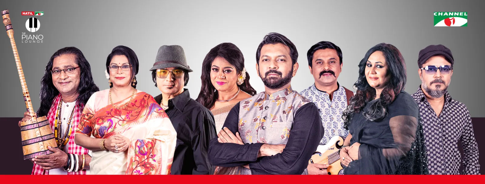 The Piano Lounge Facebook cover: the season’s singers standing together on a grey gradient, with the show logo, Hatil and Channel i and a red stripe along the bottom