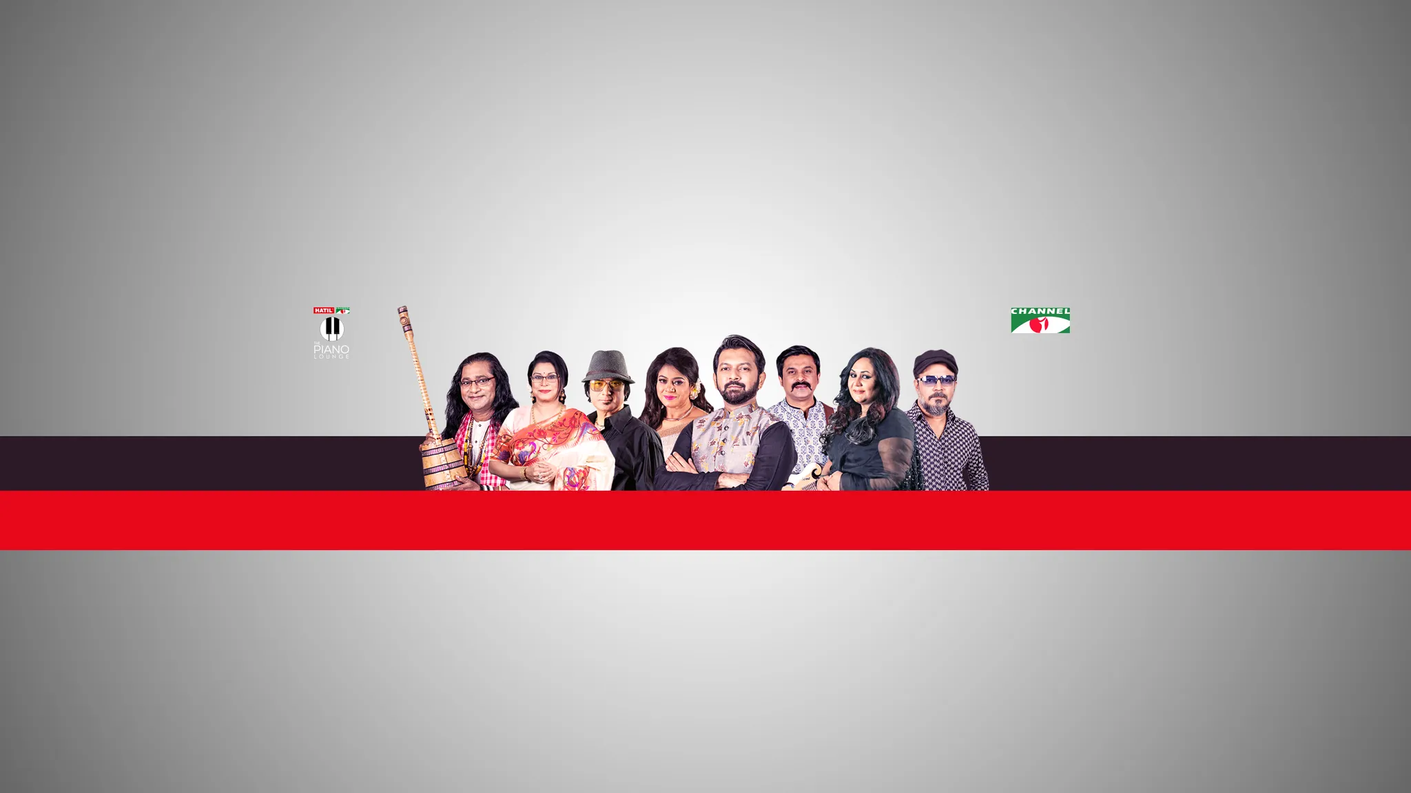The Piano Lounge YouTube channel art: the season’s singers on a grey gradient with a red stripe, all inside the centre safe area