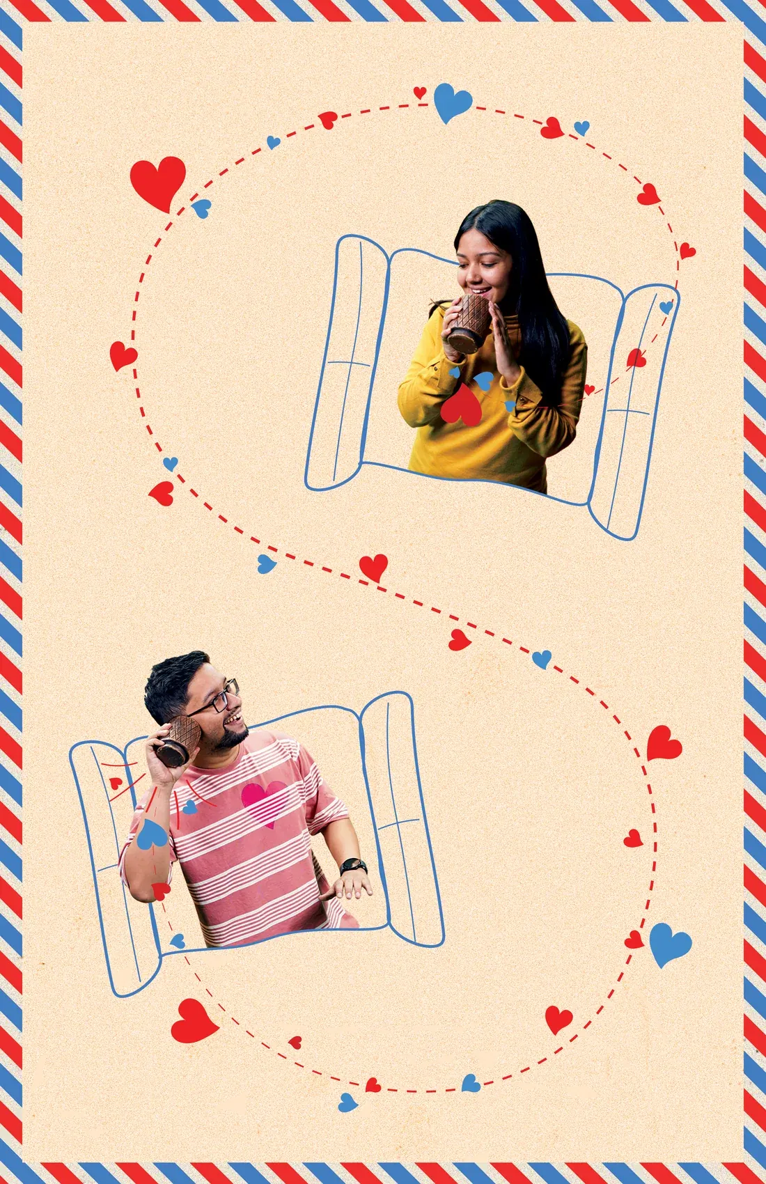 The back cover: two windows, two tin-can phones and a dotted string of hearts between them