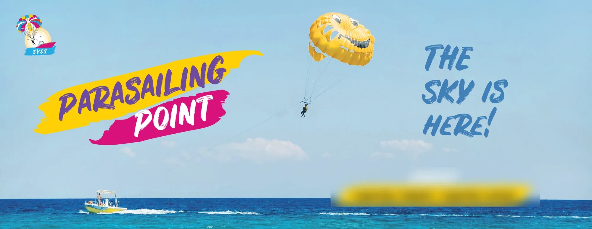The Parasailing Point beach banner: 'The sky is here!' over the sea, contact numbers blurred