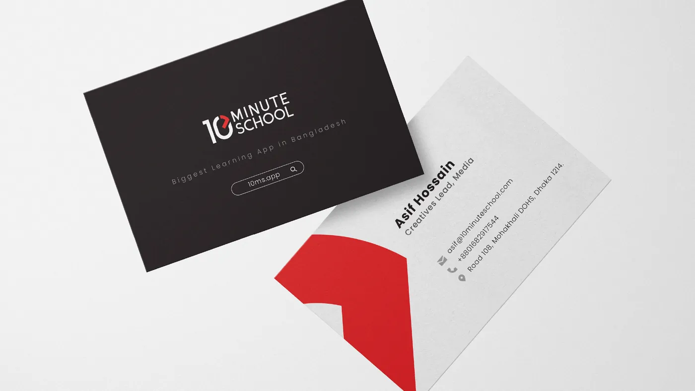 Business cards: black front with the logo and 10ms.app, white back with a red corner