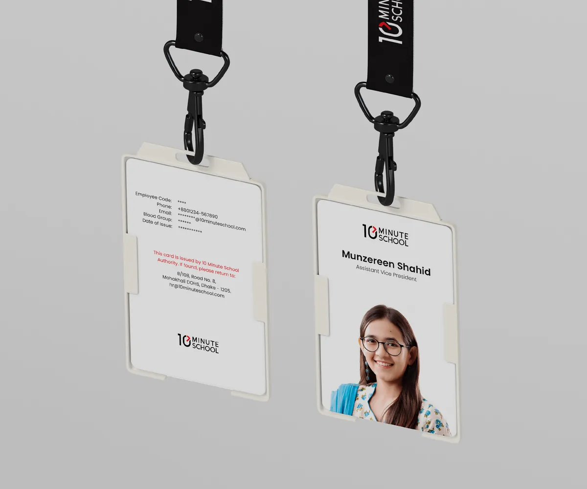 Staff ID cards on black lanyards, front and back