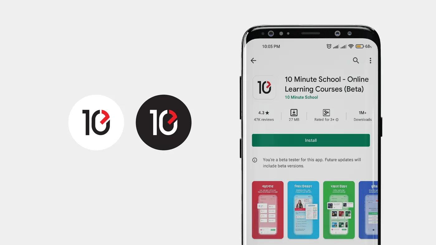 The app icon in white and black, and the app's store page on a phone