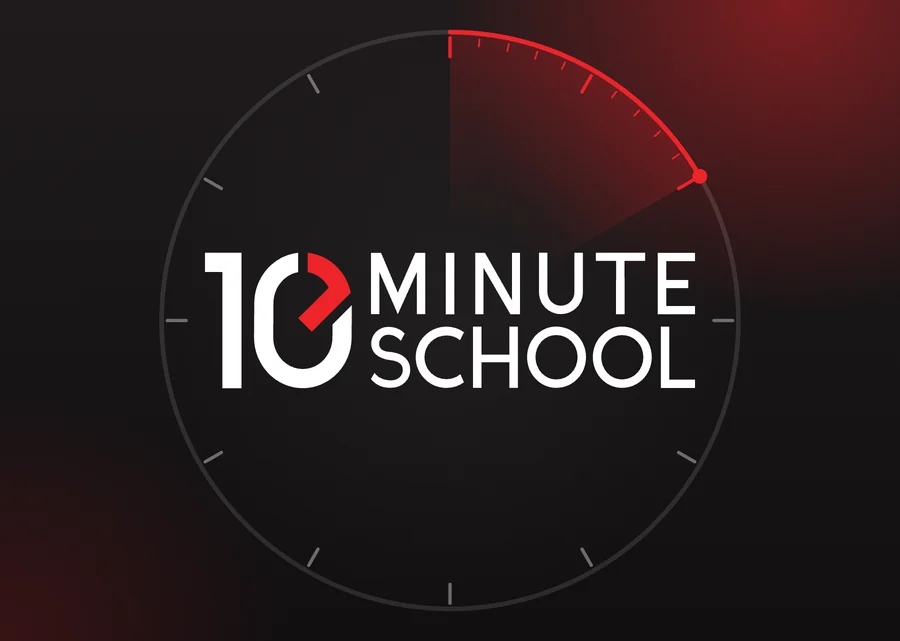 10 Minute School logo inside a clock face, the red arc swept from 12 to 2