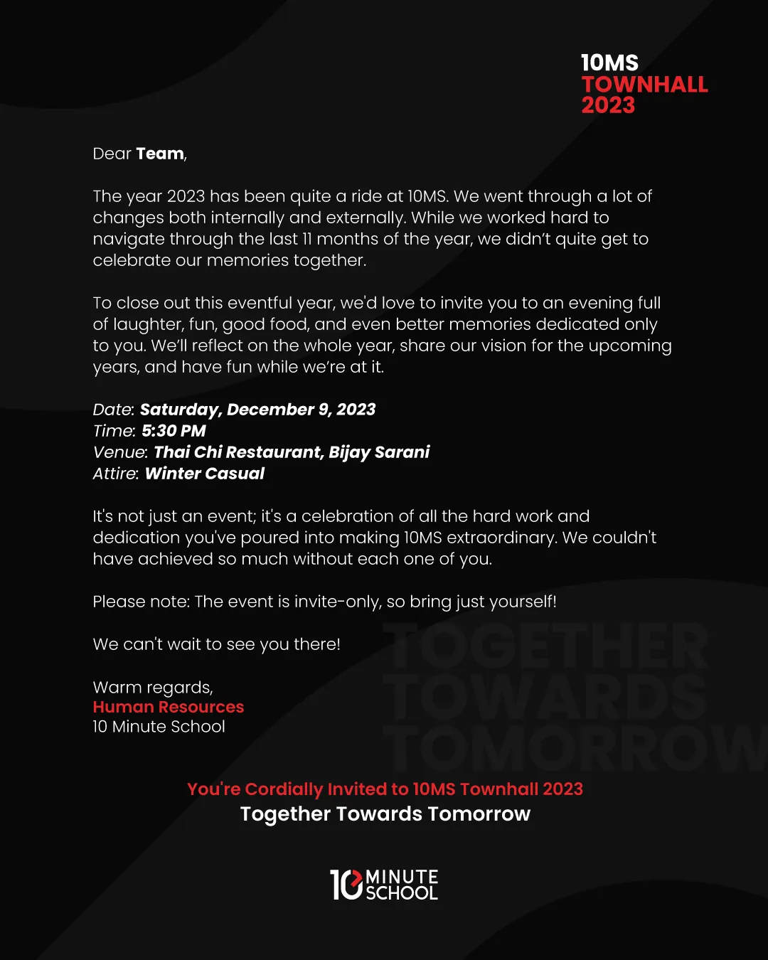 The invitation card: a letter from HR inviting the team to 10MS Townhall 2023 on Saturday, 9 December, 5:30 PM, Thai Chi Restaurant, winter casual