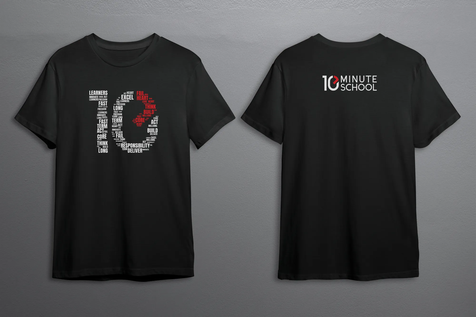 Black townhall T-shirt, front and back: a 10 made of words on the front, the 10 Minute School logo on the back