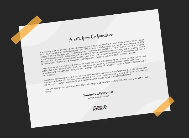 The co-founders’ wish card, taped onto a dark table
