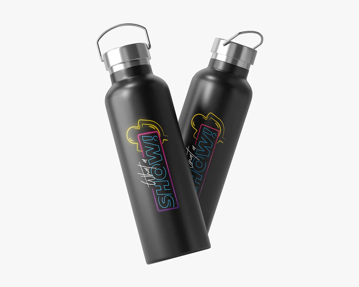 Two black bottles with the sign