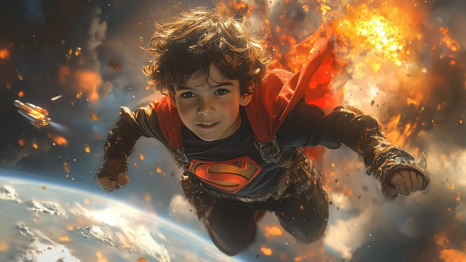 The picked generation: a grinning boy in a cape flying through fire over the earth
