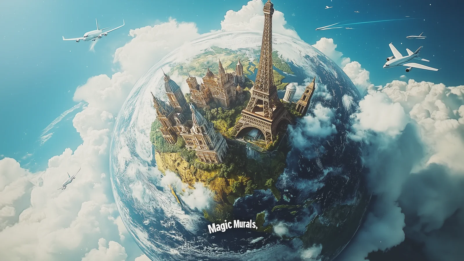 The generated globe crowded with landmarks, the Eiffel Tower on top